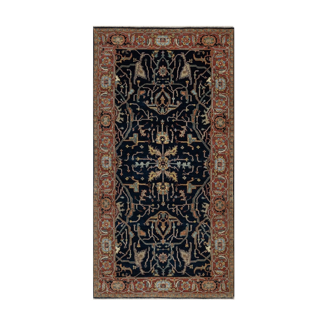 4'2"x8'1" Polo Blue Pure Wool Antiqued Fine Heris Hand Knotted Runner Rug: 4'2"x8'1" Polo Blue Pure Wool Antiqued Fine Heris Hand Knotted Runner Rug This stunning 4'2"x8'1" Polo Blue Pure Wool Antiqued Fine Heris Hand Knotted Runner Rug boasts a rich, vibrant blue hue and in