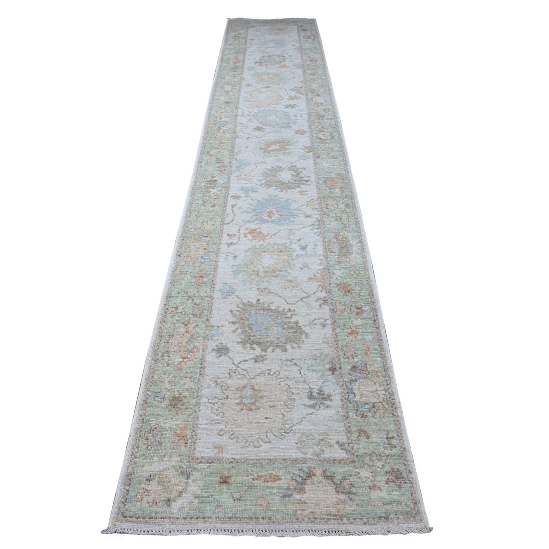 2'9"x15'4" Timberwolf Gray Afghan Angora Oushak XL Runner Oriental Rug: 2'9"x15'4" Timberwolf Gray Afghan Angora Oushak XL Runner Oriental Rug Timberwolf Gray Afghan Angora Oushak XL Runner Oriental Rug boasts a stunning 15'4" length, making it a statement piece for any r