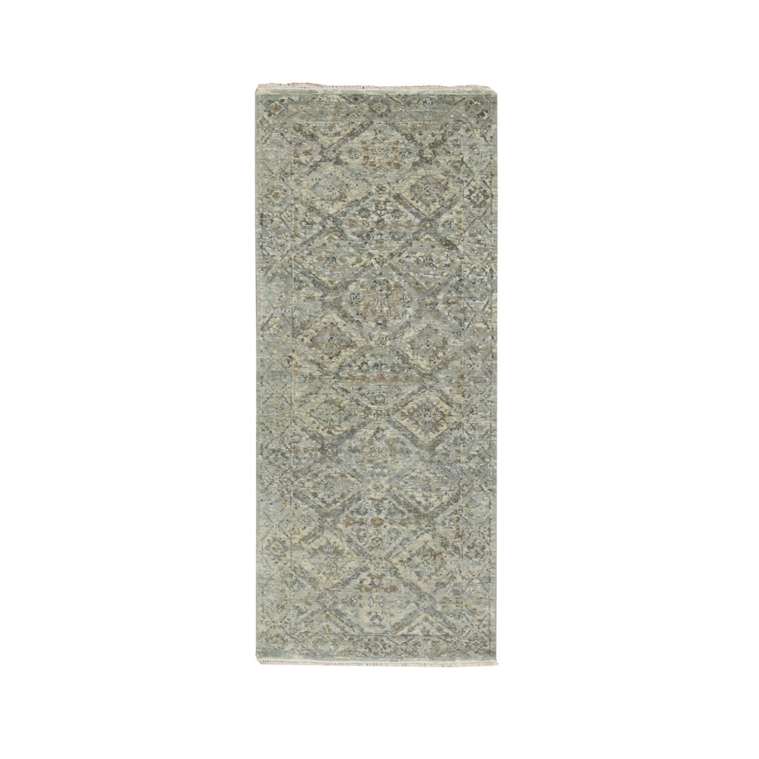 Broken Garden Design Hand Knotted Pure Wool 2'5"x6' Low Runner: Broken Garden Design Hand Knotted Pure Wool 2'5"x6' Low Runner Hand-knotted in pure wool, this 2'5"x6' low runner boasts a striking geometric pattern in a soothing grey field, accented with subtle gre