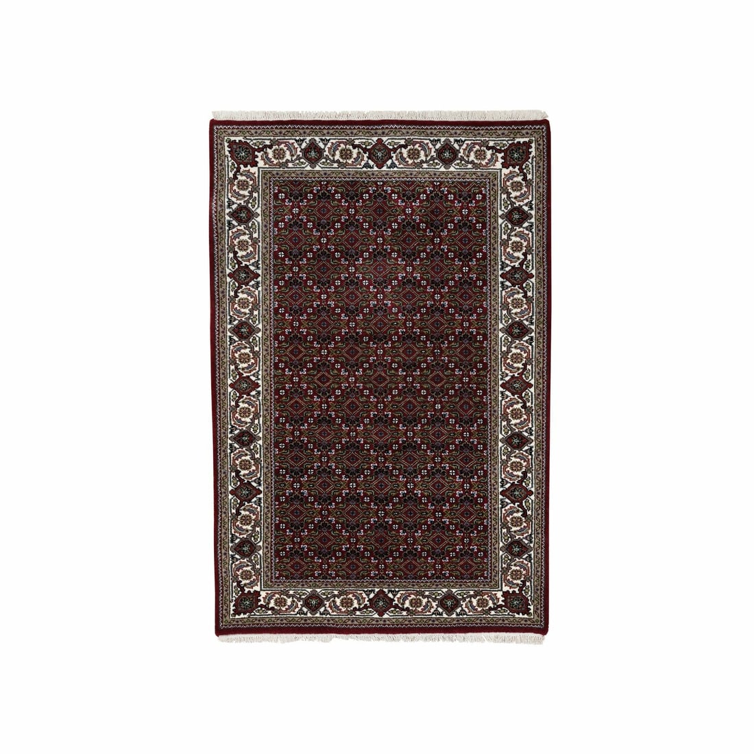 3'x5'2" Red Herrita Hand Knotted Wool and Silk 175 KPSI Rug: 3'x5'2" Red Herrita Hand Knotted Wool and Silk 175 KPSI Rug The 3'0" x 5'2" Red Herrita Hand Knotted Wool and Silk rug boasts a stunning rectangular field with a rich, vibrant red hue, perfectly compl