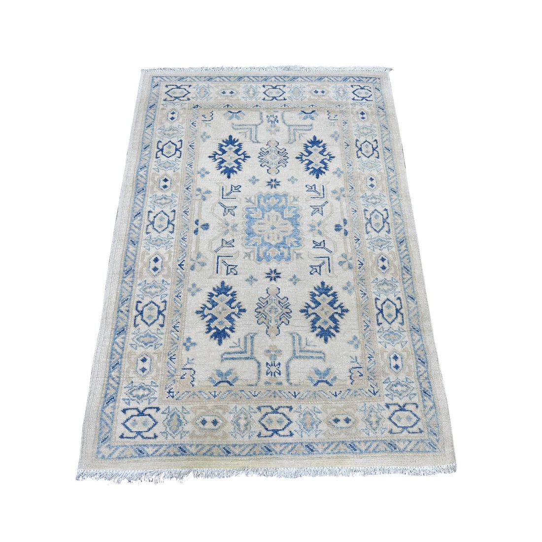 3'2"x4'8" Ivory Vintage Look Kazak with Tribal Motif Wool Hand Knotted Rug: 3'2"x4'8" Ivory Vintage Look Kazak with Tribal Motif Wool Hand Knotted Rug Ivory Vintage Look Kazak with Tribal Motif Wool Hand Knotted Rug, 3'2"x4'8" in a stunning all-over regional design, features 
