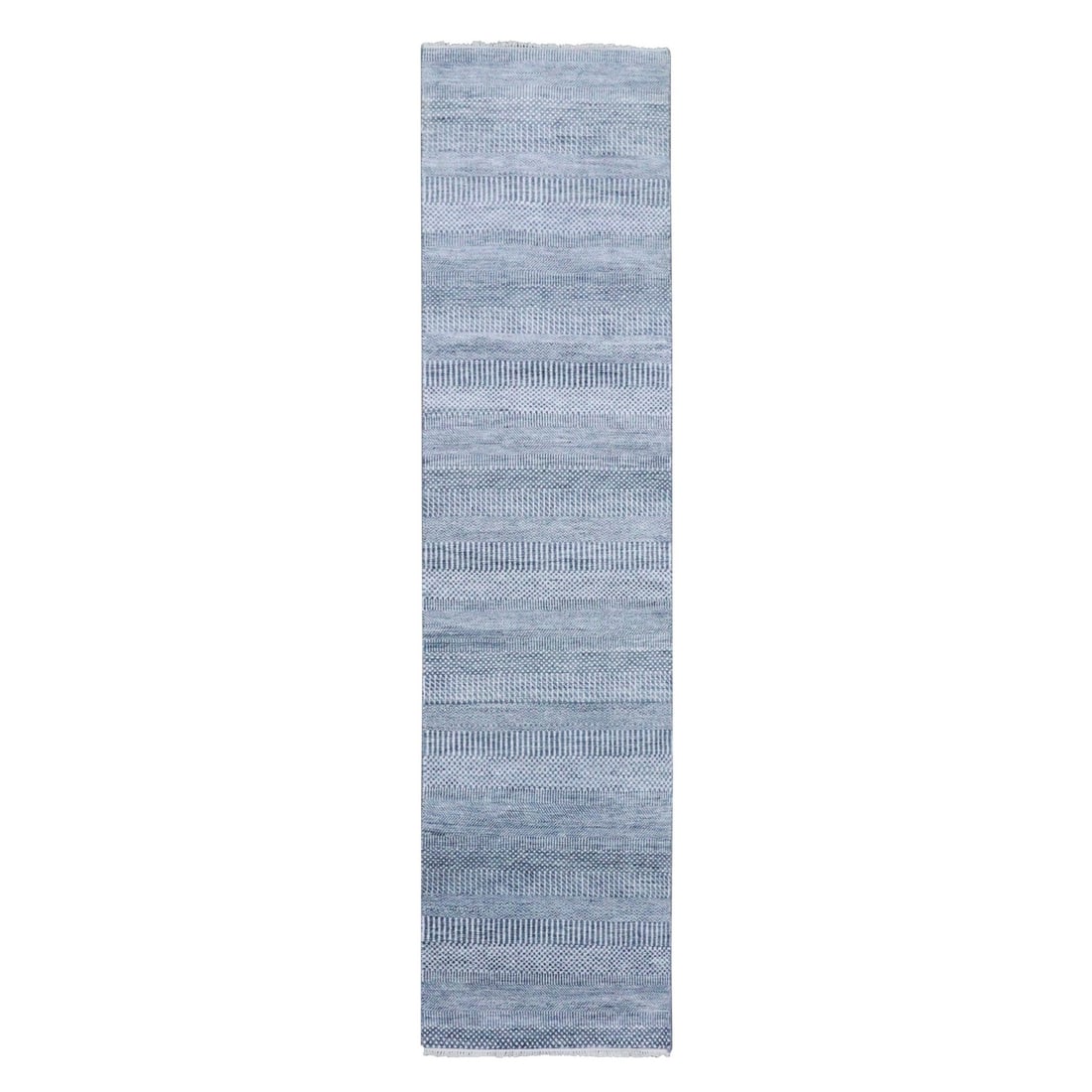 Hand knotted wool/ silk grass rug 2'10"x10'2" gray modern design: Hand knotted wool/ silk grass rug 2'10"x10'2" gray modern design Silk and wool blend in a modern gray design, creating a sophisticated look for any room. Hand-knotted with a subtle field pattern, this