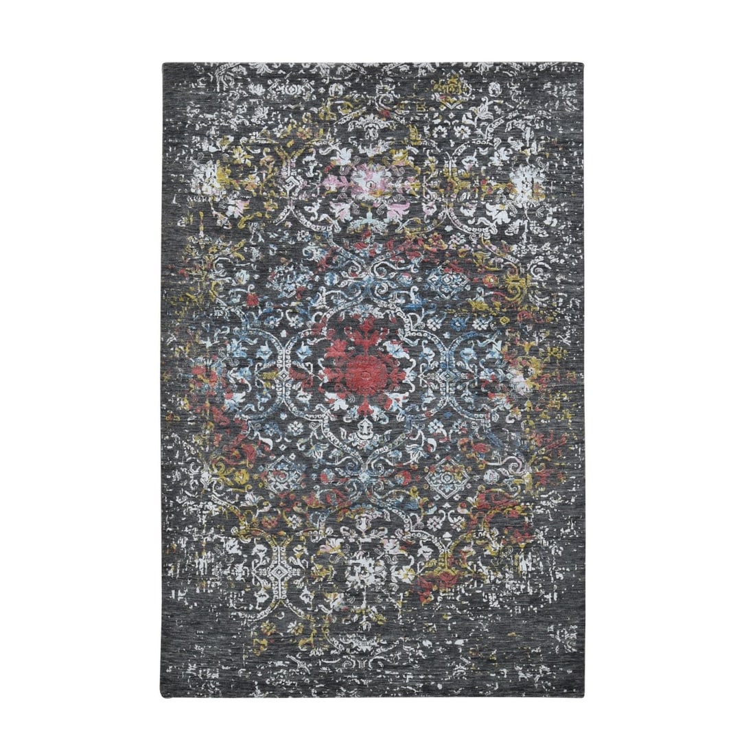 6'1"X9'2" Black Transitional Agra Design Wool and Silk Hand Knotted Rug: 6'1"X9'2" Black Transitional Agra Design Wool and Silk Hand Knotted Rug The Agra Design rug is a stunning example of traditional craftsmanship, featuring a striking black field with intricate hand-kno