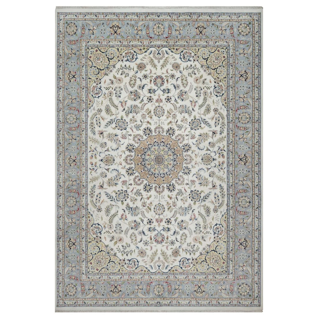 9'9"x14'1" Ivory Wool-Silk Nain Flower Medallion Design Hand Knotted Rug: 9'9"x14'1" Ivory Wool-Silk Nain Flower Medallion Design Hand Knotted Rug 9'9" x 14'1" Ivory Wool-Silk Nain Flower Medallion Design Hand Knotted Rug: This stunning, hand-knotted rug boasts a medallion 