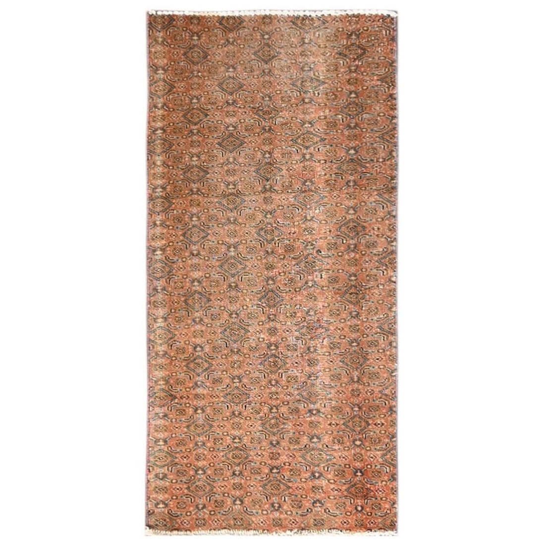 1'10"x4'4" Peach Vintage Northwest Zoroastrian Wool Hand Knotted Runner Mat: 1'10"x4'4" Peach Vintage Northwest Zoroastrian Wool Hand Knotted Runner Mat Hand-knotted in wool, this 1'10"x4'4" Zoroastrian vintage rug boasts a striking all-over pink field design, characteristic o