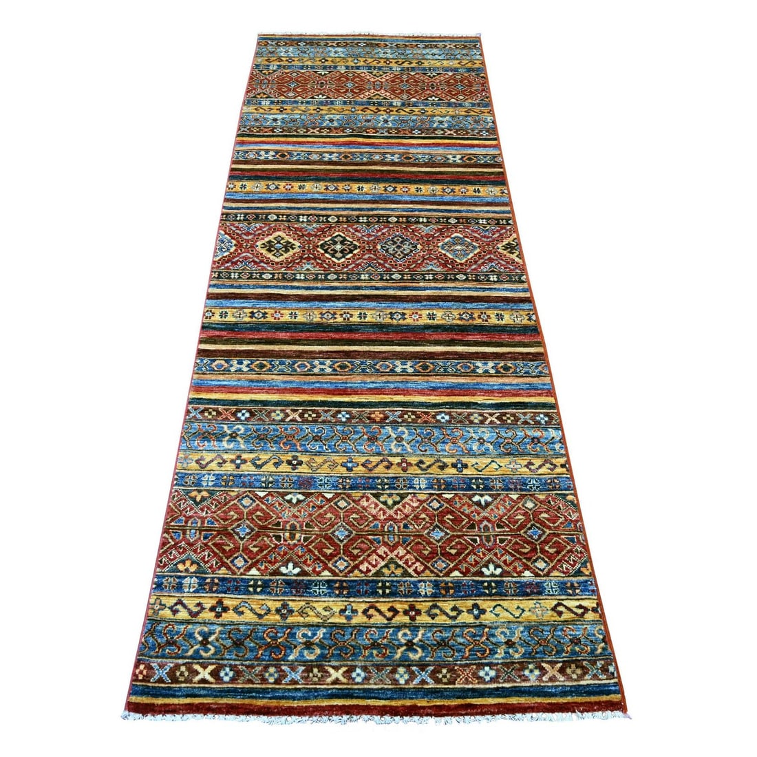 2'10"x8'1" Colorful Afghan Super Kazak Hand Knotted Pure Wool Runner Rug (1 of 6)