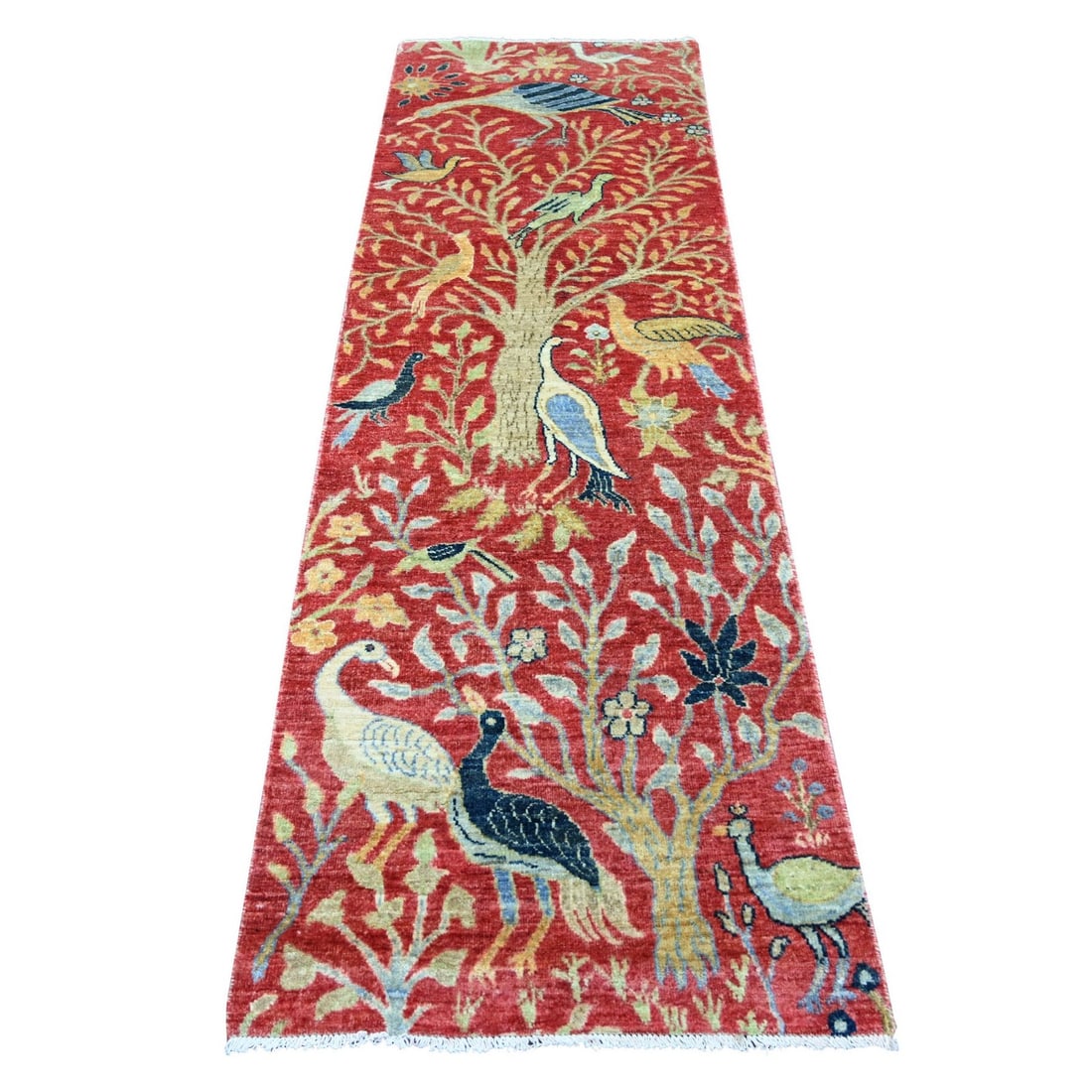 2'7"x8' Red Hand Knotted Birds of Paradise Design Soft Wool Runner Rug: 2'7"x8' Red Hand Knotted Birds of Paradise Design Soft Wool Runner Rug Softly glowing red hues dominate this stunning 2'7"x8' hand-knotted wool runner rug, featuring an intricate birds of paradise des
