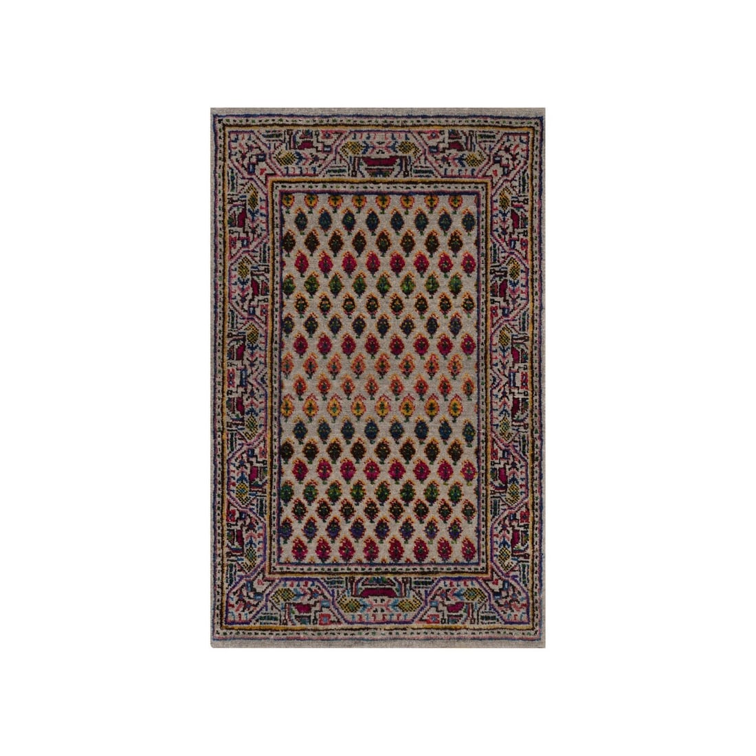 1'10"x3' Colorful Wool and Silk Repetitive Boteh Design Hand Knotted Mat: 1'10"x3' Colorful Wool and Silk Repetitive Boteh Design Hand Knotted Mat The Saroogh type hand knotted mat boasts a vibrant, all-over repetitive boteh design in a stunning array of colors, including b
