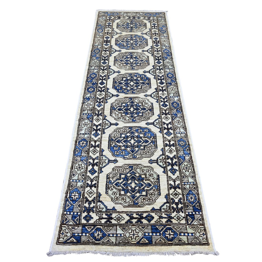 2'7"x8'3" Ivory Afghan Ersari Elephant Feet Design Hand Knotted Wool Runner: 2'7"x8'3" Ivory Afghan Ersari Elephant Feet Design Hand Knotted Wool Runner Ivory Afghan Ersari Elephant Feet Design Hand Knotted Wool Runner boasts a stunning geometric pattern, characteristic of Ori