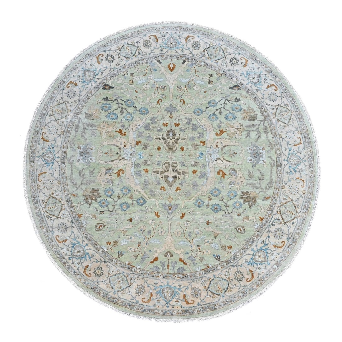 Green Oushak with Floral Motifs Hand Knotted Pure Wool Round Rug: Green Oushak with Floral Motifs Hand Knotted Pure Wool Round Rug Green Oushak with Floral Motifs Hand Knotted Pure Wool Round Rug is a stunning example of traditional Oriental design, featuring an all