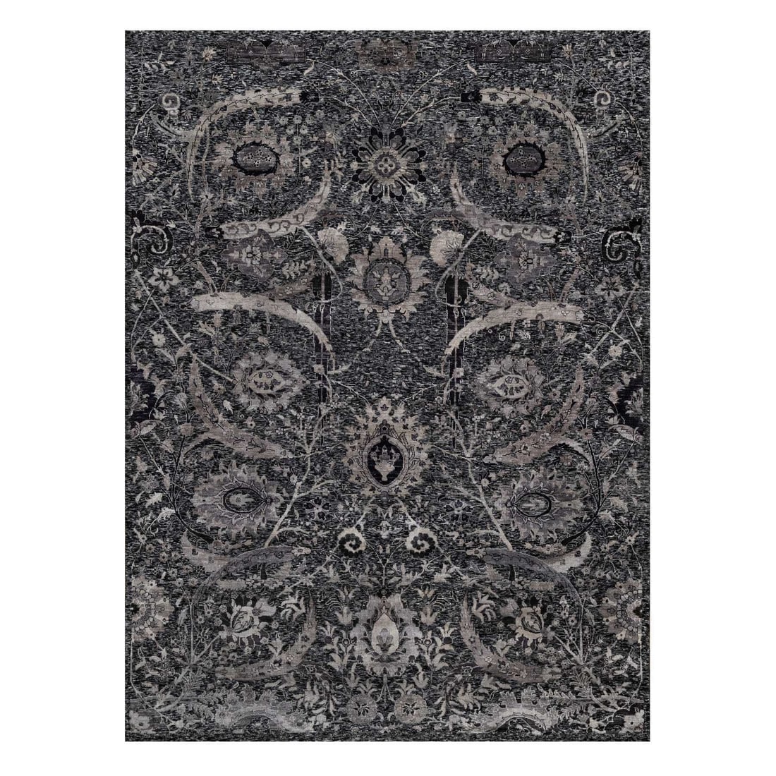 8'8"x11'10" Onyx Black Sickle Leaf Design Hand Knotted Wool and Silk Rug: 8'8"x11'10" Onyx Black Sickle Leaf Design Hand Knotted Wool and Silk Rug The 8'8"x11'10" Onyx Black Sickle Leaf Design Hand Knotted Wool and Silk Rug boasts a striking black field with intricate, hand