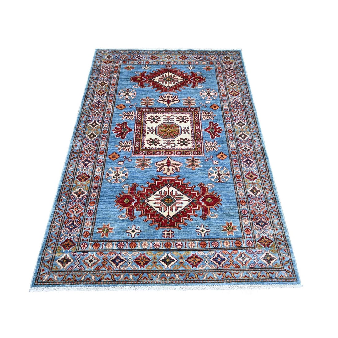 Light Blue Afghan Super Kazak Hand Knotted Pure Wool Oriental Rug 4'1"x6: Light Blue Afghan Super Kazak Hand Knotted Pure Wool Oriental Rug 4'1"x6 Light blue Afghan Super Kazak hand-knotted pure wool oriental rug boasts a stunning all-over regional design, showcasing a rich
