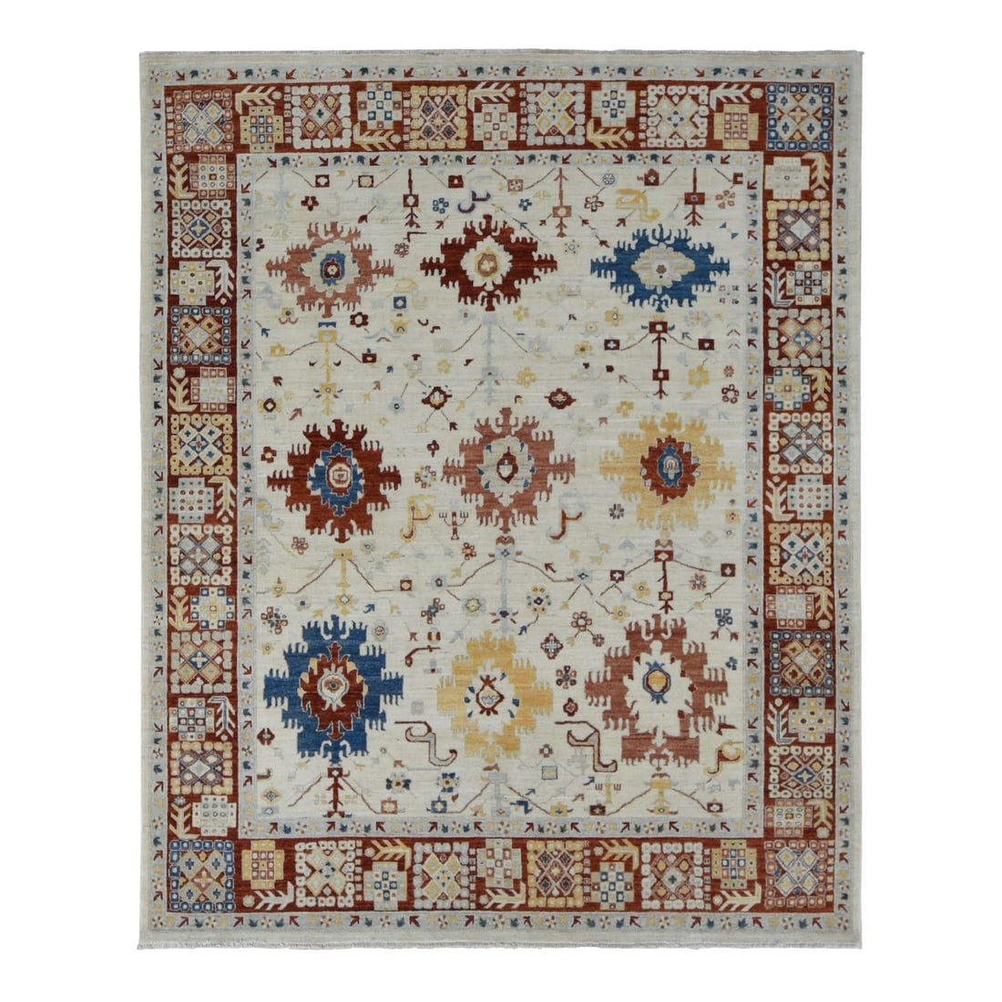 Peshawar Design Hand Knotted Pure Wool Rug 7'9" White Parchment (1 of 12)