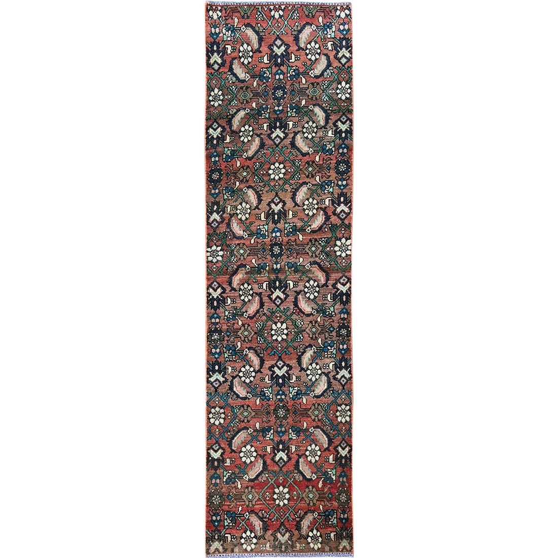2'2"x8'7" Red Vintage Zoroastrian Khamadan Hand Knotted All Wool Runner Rug: 2'2"x8'7" Red Vintage Zoroastrian Khamadan Hand Knotted All Wool Runner Rug This stunning 2'2"x8'7" Red Vintage Zoroastrian Khamadan Hand Knotted All Wool Runner Rug boasts a striking geometric patter