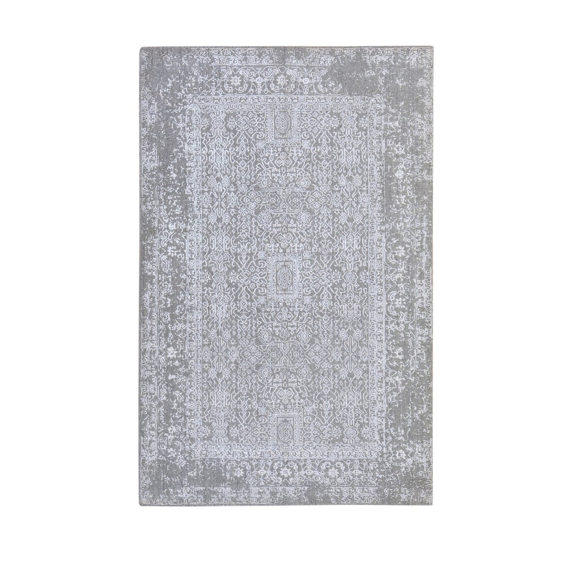 5'10"x9'1" Griffin Gray Fine Jacquard Hand Loomed Modern Design Wool & Silk: 5'10"x9'1" Griffin Gray Fine Jacquard Hand Loomed Modern Design Wool & Silk This stunning 5'10"x9'1" Griffin Gray Fine Jacquard Hand Loomed Modern Design Wool & Silk rug boasts an all-over oriental re
