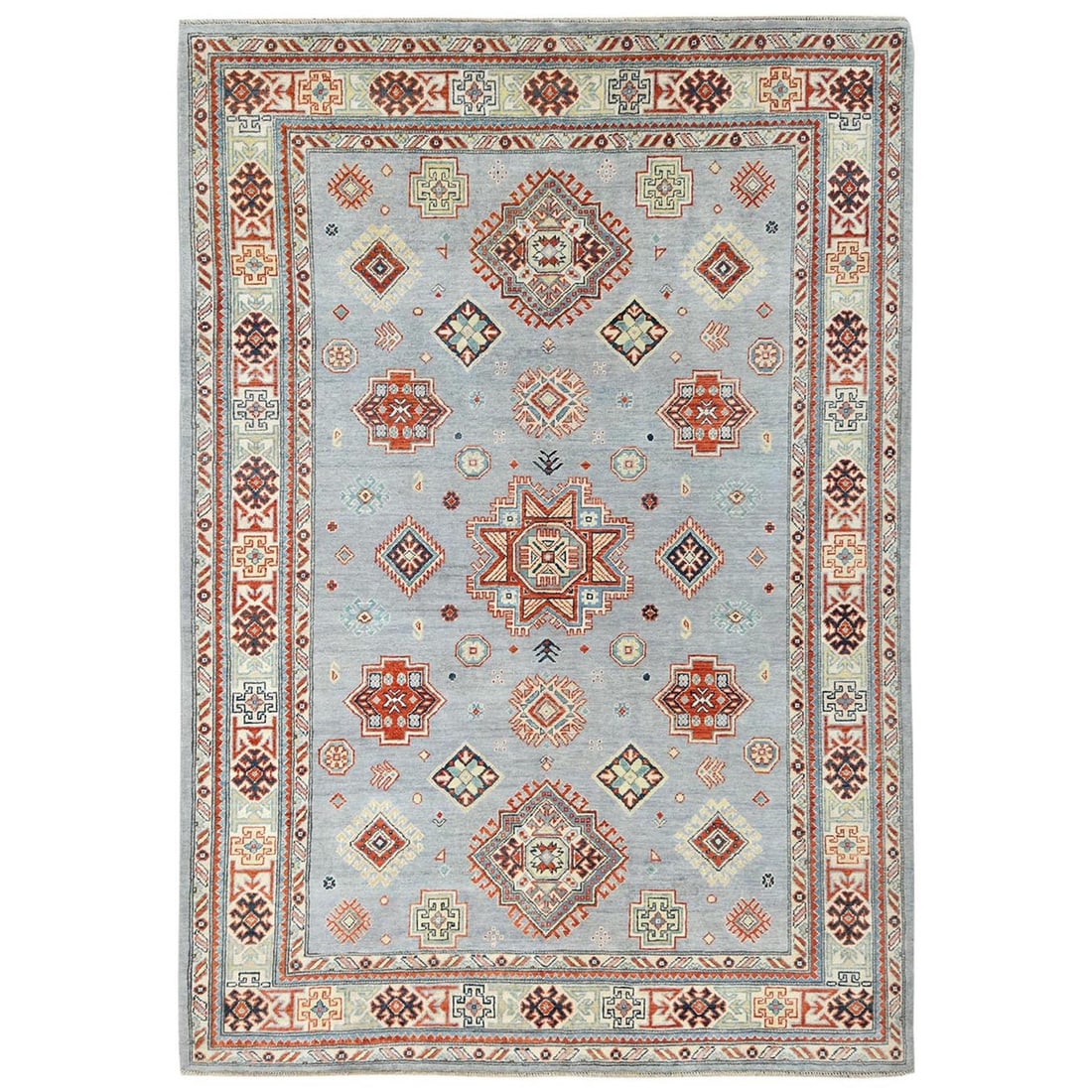 6'2 Gray Special Kazak Medallion Design Hand Knotted Wool Rug: 6'2 Gray Special Kazak Medallion Design Hand Knotted Wool Rug 6'2 Gray Special Kazak Medallion Design Hand Knotted Wool Rug, measuring 105" in length and 74" in width, boasts a stunning gray color