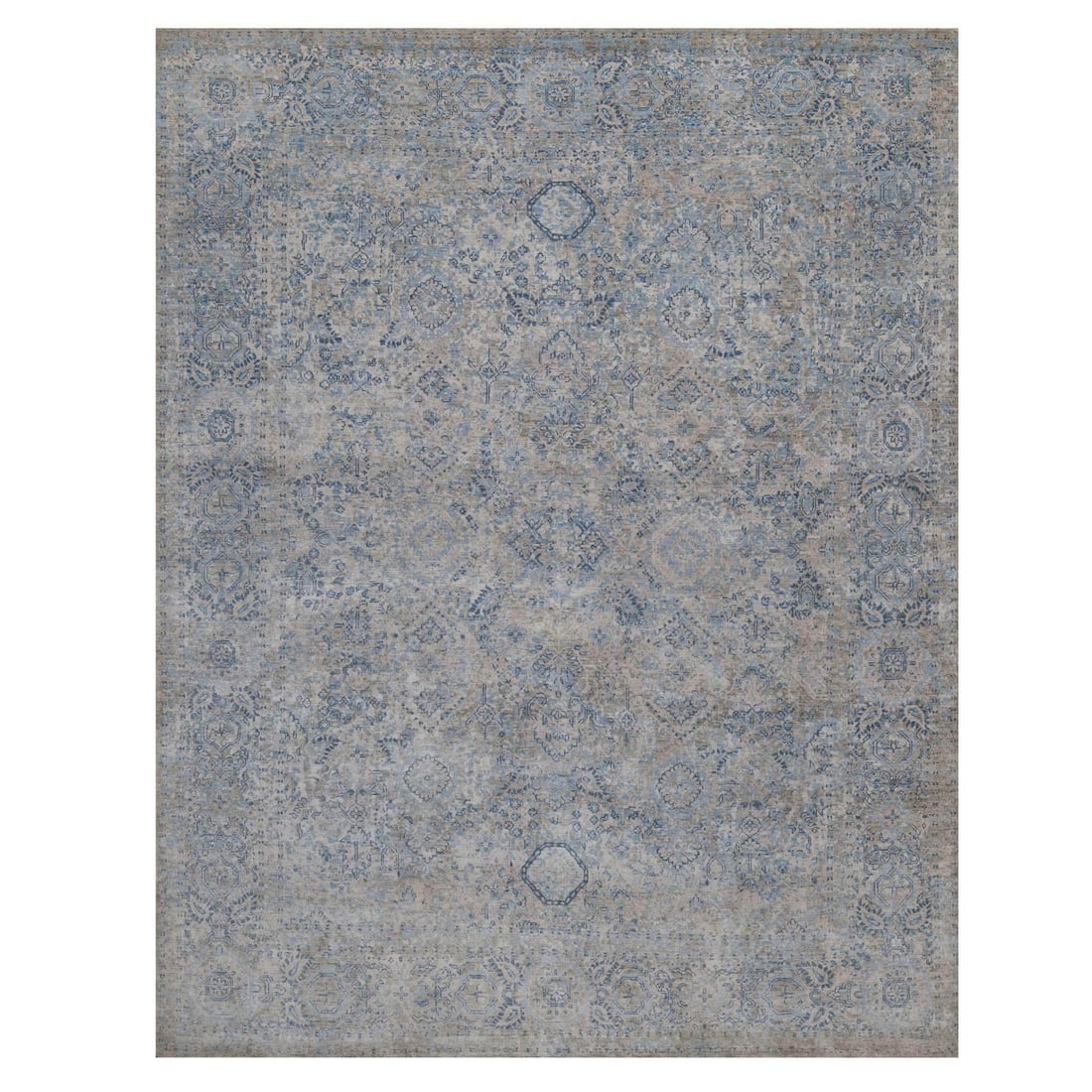 Broken Blue Gray Silk Hand Knotted Pure Design All Over Erased: Broken Blue Gray Silk Hand Knotted Pure Design All Over Erased Silk hand-knotted rug with a striking all-over grey design, measuring 8'0" x 10'2" in a rectangular field shape. This beautiful piece fea