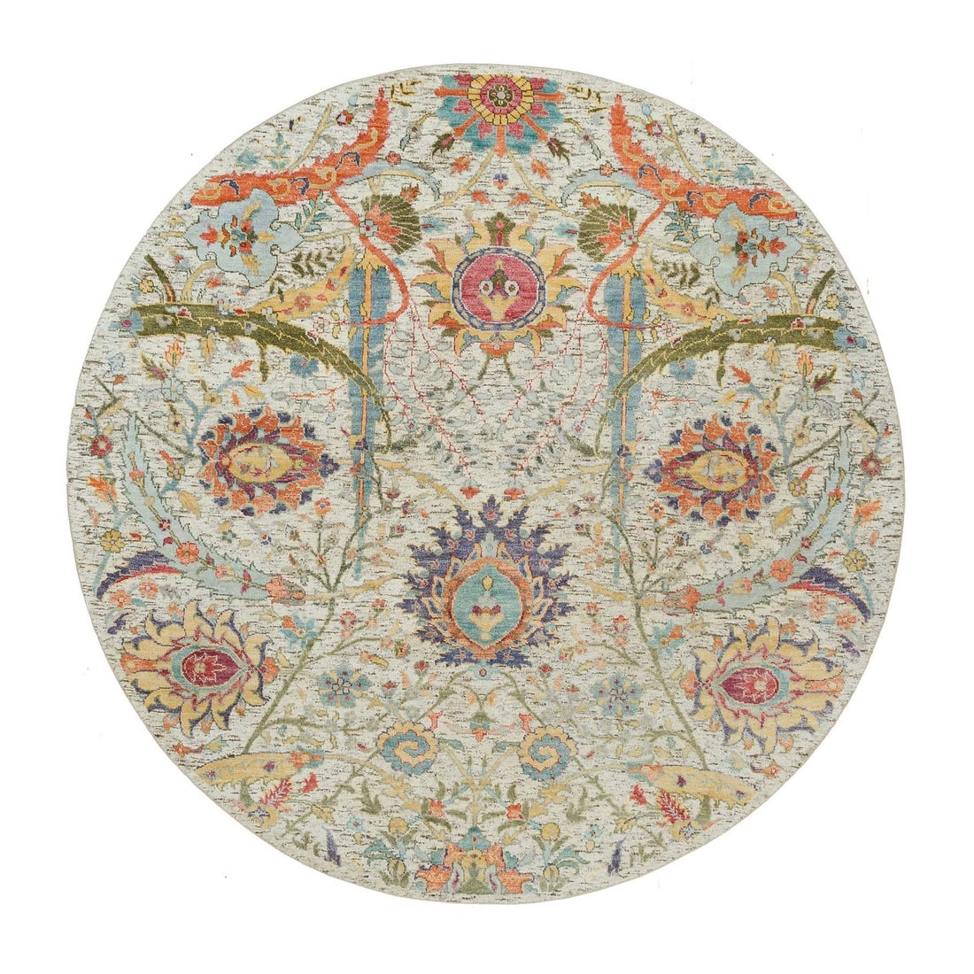 6'x6' Canvas Tan Silk and Wool Sickle Hand Knotted Leaf Design Round Rug: 6'x6' Canvas Tan Silk and Wool Sickle Hand Knotted Leaf Design Round Rug Tan silk and wool hand-knotted leaf design creates a stunning field on this 6'x6' round rug, adding a touch of Oriental eleganc