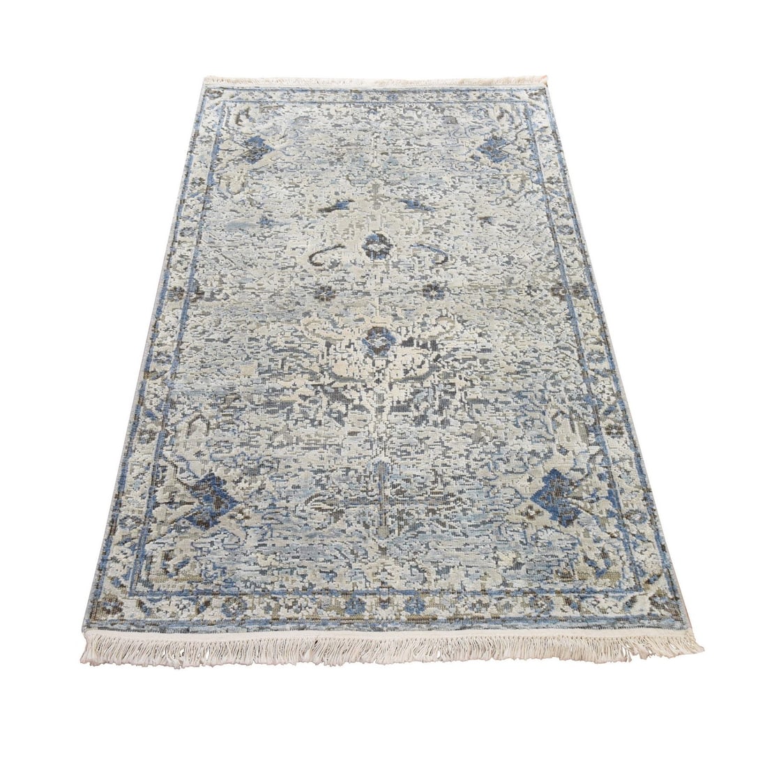 Ivory Blue Pure Silk Hand Knotted with Oushak Design 3'x5 (1 of 7)