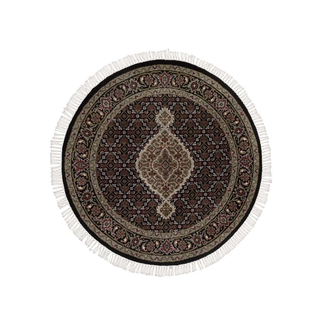 3'4"x3'4" Black Tebraz Mahi with Medallion Design Hand Knotted Wool Round: 3'4"x3'4" Black Tebraz Mahi with Medallion Design Hand Knotted Wool Round Black Tebraz Mahi with Medallion Design Hand Knotted Wool Round rug features a striking medallion pattern in a rich, dark blac