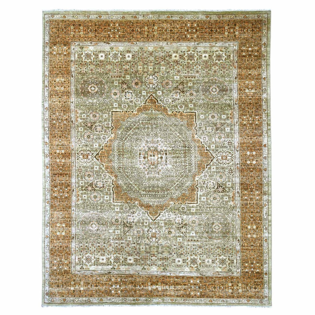 Hand Knotted Wool Rug Green 14th Century Mamluk Dynasty 8'x10: Hand Knotted Wool Rug Green 14th Century Mamluk Dynasty 8'x10 Hand-knotted in 100% wool, this 8'x10' green rug is a stunning piece from the 14th Century Mamluk Dynasty. Its unique green color and intr