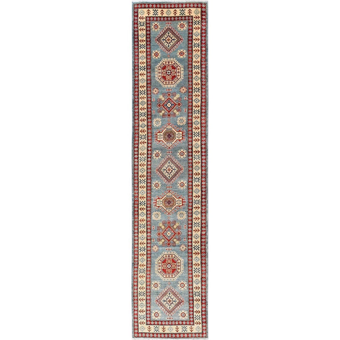 2'10"x13'5" Blue Kazak with Geometric Design Hand Knotted Rug Wool Runner (1 of 7)