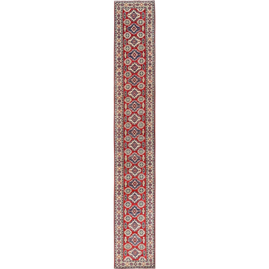 2'5"x18'9" Red Kazak with Geometric Design Hand Knotted Rug Wool Runner: 2'5"x18'9" Red Kazak with Geometric Design Hand Knotted Rug Wool Runner Red Geometric Kazak Wool Runner: A stunning hand-knotted wool runner from Afghanistan, featuring a striking geometric design in 