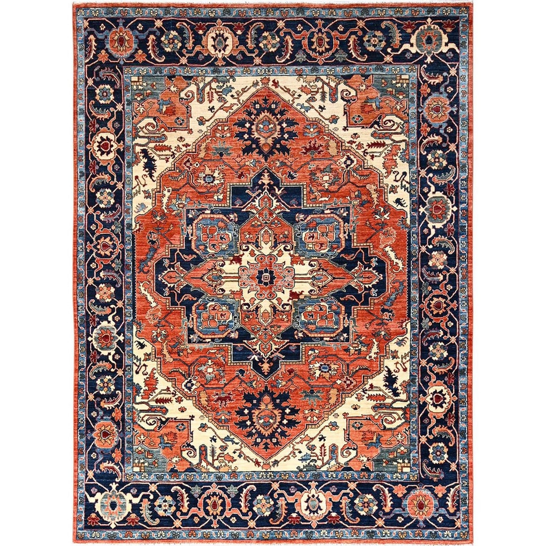 8'x10'10" Rust Orange Seeripe Heris with Medallion Design Wool Hand Knotted: 8'x10'10" Rust Orange Seeripe Heris with Medallion Design Wool Hand Knotted Rust Orange Seeripe Heris rug boasts a striking medallion design in vibrant orange hues, set against a rich background of wo