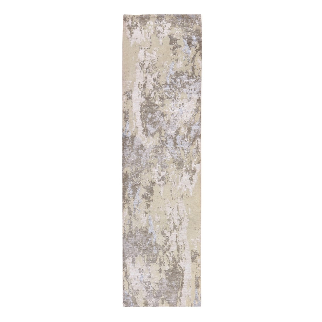 2'8"x10' Gray Modern Abstract Design Wool & Silk Hand Knotted Runner Rug: 2'8"x10' Gray Modern Abstract Design Wool & Silk Hand Knotted Runner Rug Modern abstract design wool and silk hand-knotted runner rug with a striking grey field and subtle brown undertones, adding dep
