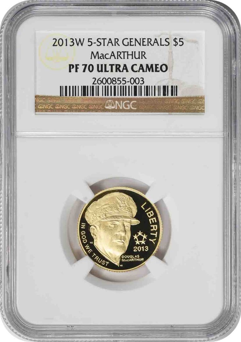 2013-W 5-Star Generals Commemorative $5 Gold PF70UCAM NGC: 2013-W 5-Star Generals Commemorative $5 Gold PF70UCAM NGC The 2013-W 5-Star Generals Commemorative $5 Gold PF70UCAM NGC is a stunning proof coin featuring a striking design inspired by the U.S. Army's
