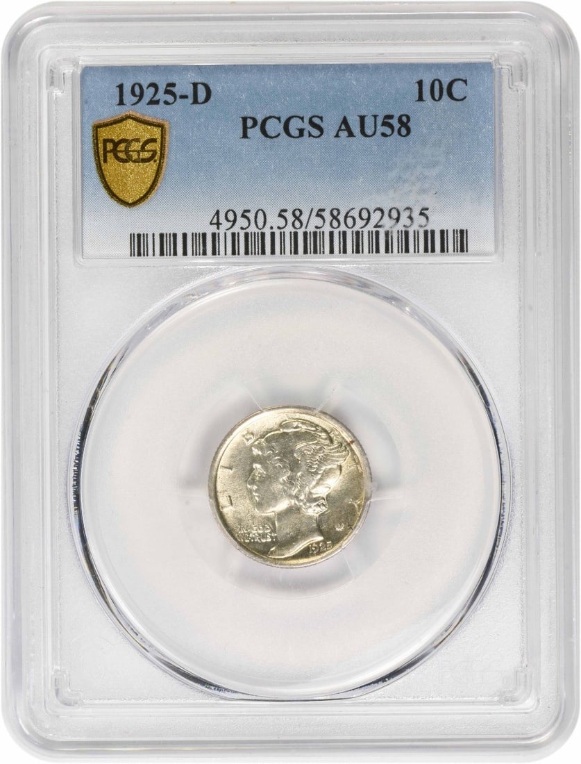 1925-D Mercury Silver Dime AU58 PCGS: 1925-D Mercury Silver Dime AU58 PCGS Item Specifics: Certification: PCGS Circulated/Uncirculated: Circulated Km Number: 140 Year: 1925 Mint Location: D Grade: AU Composition: Silver Denomination: 10C 