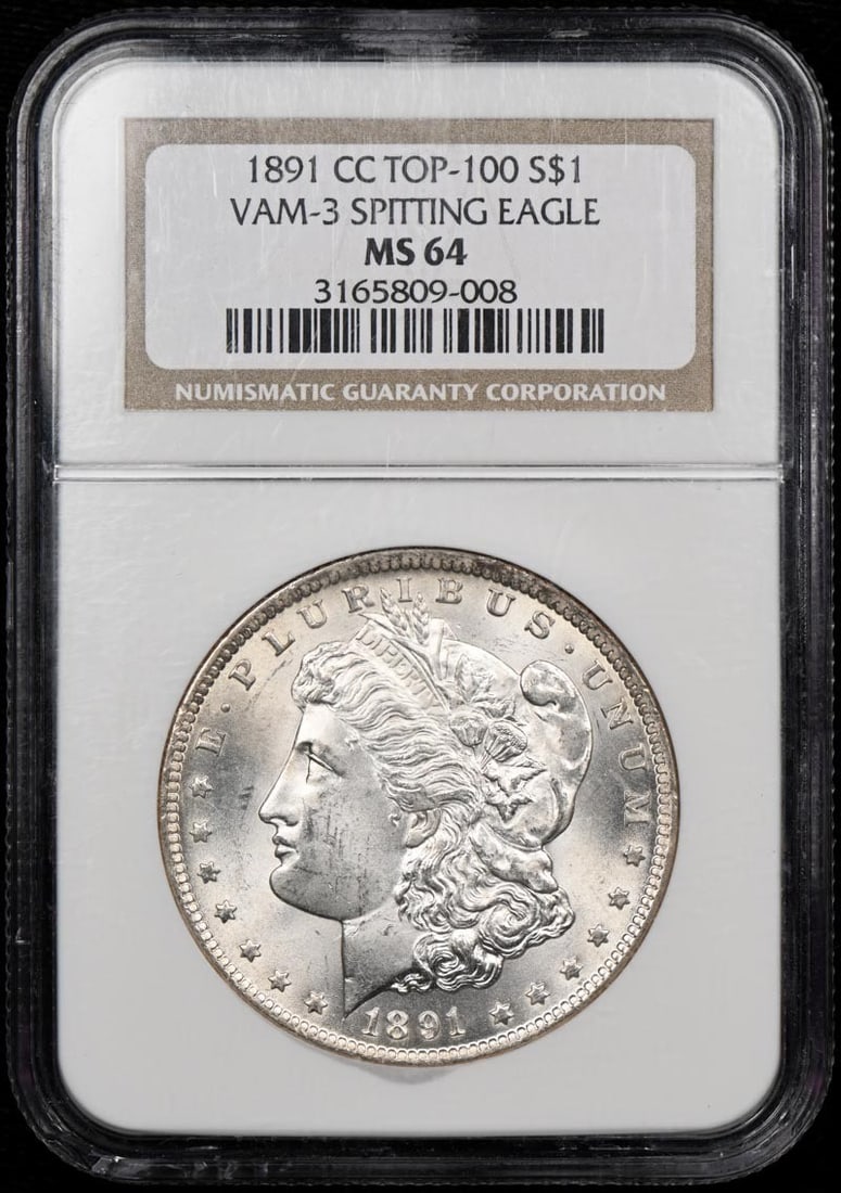1891-CC TOP-100 Morgan Dollar VAM-3 SPITTING EAGLE S$1 NGC MS64: 1891-CC TOP-100 Morgan Dollar VAM-3 SPITTING EAGLE S$1 NGC MS64 1891-CC TOP-100 Morgan Dollar VAM-3 SPITTING EAGLE S$1 NGC MS64 - A rare and highly detailed variant of the iconic Morgan Dollar, featur
