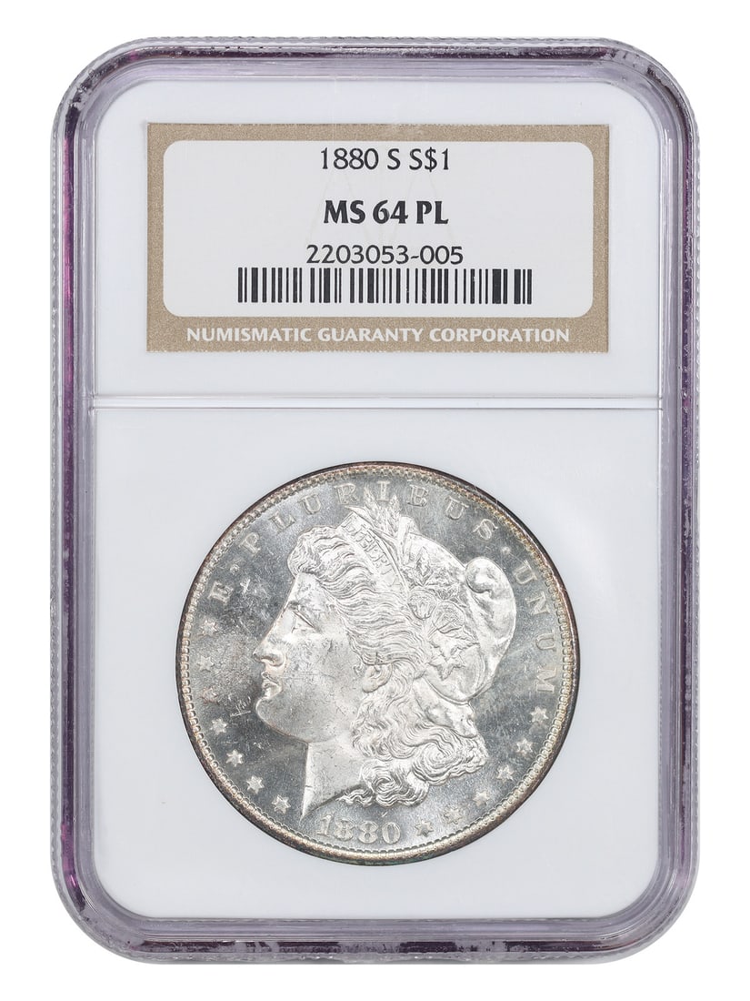 1880-S $1 NGC MS64PL - Morgan Dollar - Flashy Example: 1880-S $1 NGC MS64PL - Morgan Dollar - Flashy Example The 1880-S $1 Morgan Dollar is a highly detailed and well-preserved example, graded MS64PL by the Numismatic Guaranty Corporation (NGC). This coin