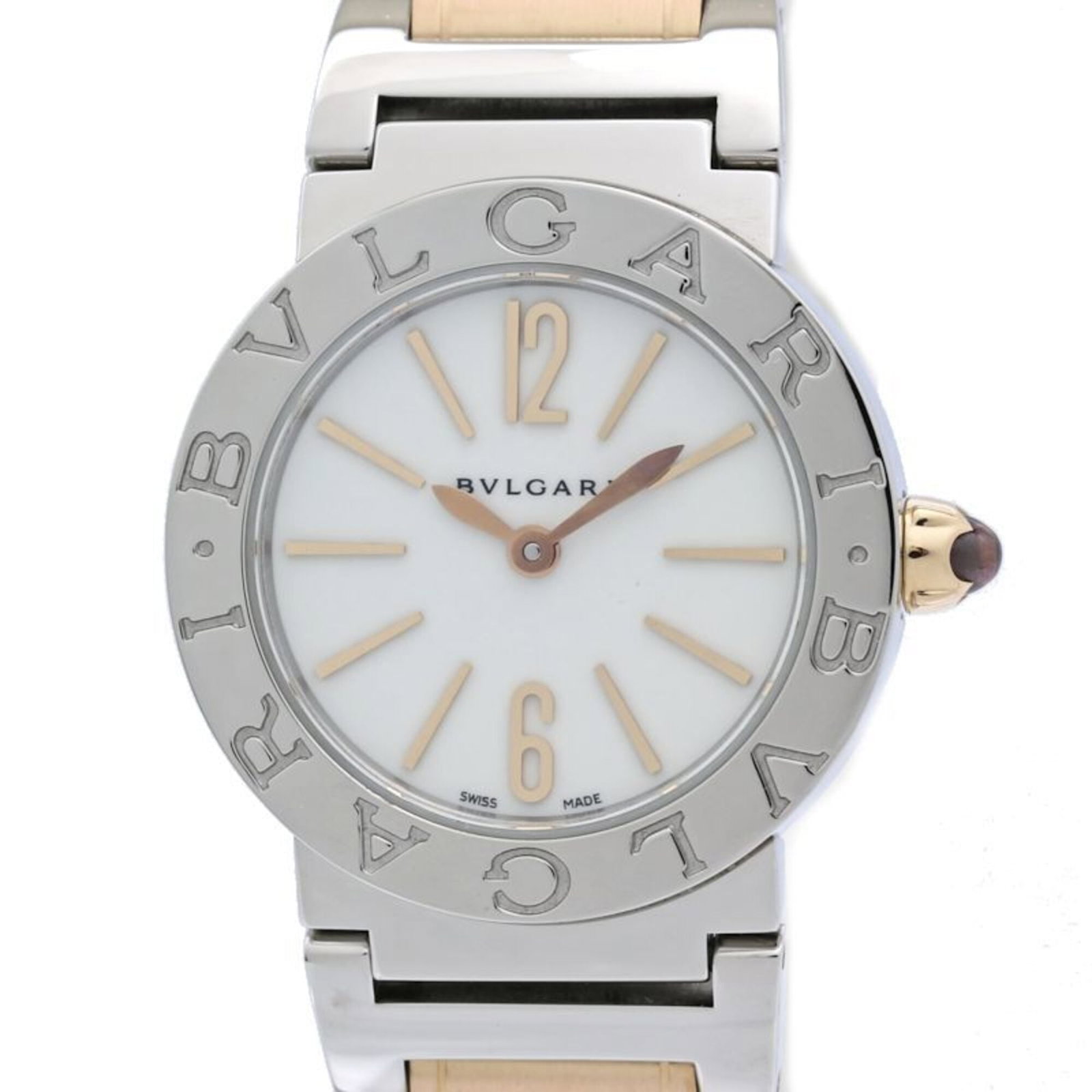 BVLGARI Wristwatch Pink Gold (18K) Stainless Steel: BVLGARI Wristwatch Pink Gold (18K) Stainless Steel Pink gold (18K) and stainless steel blend in this elegant BVLGARI wristwatch, featuring a 26mm white dial and a sleek, 16cm band. Gently used with mi