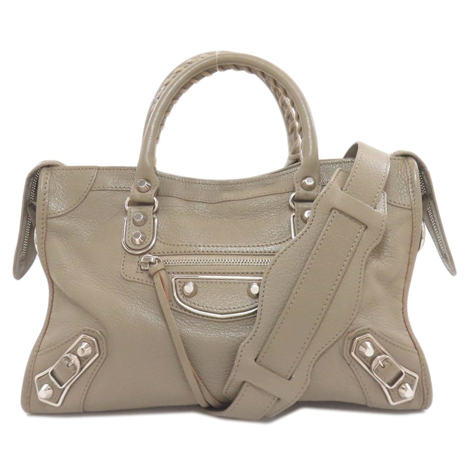 BALENCIAGA Handbag Leather: BALENCIAGA Handbag Leather Classic Gray Calfskin Balenciaga Handbag for Sale. This timeless, leather handbag features a classic design with a zipper closure and measures 19cm x 29cm x 10cm. With its n