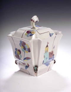 A Wiener Werkstatte tin glazed bowl and cover, att: A Wiener Werkstatte tin glazed bowl and cover, attributed to Hilda Jesser, circa 1920, painted with flowers and leaves, impressed and painted marks, 268 and 824 19cm high (2)