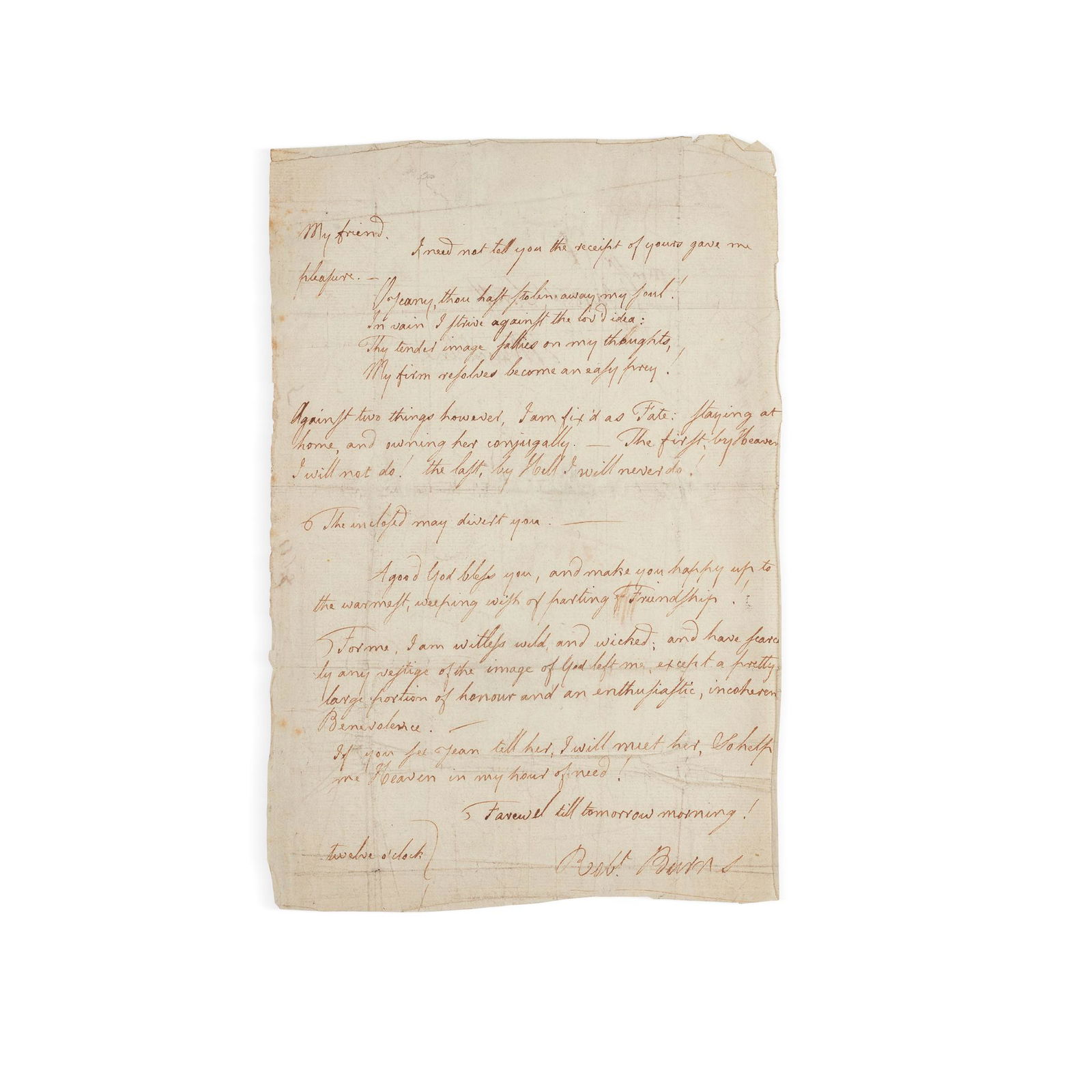 Burns, Robert Autograph letter signed ('Robt. Burns'): One page, 278 x 178mm, [Mossgiel, ca. 1 August 1786], to James Smith, regarding his turbulent courtship with Jean Armour; washed and pressed with residual soiling, green morocco portfolio by Riviere,