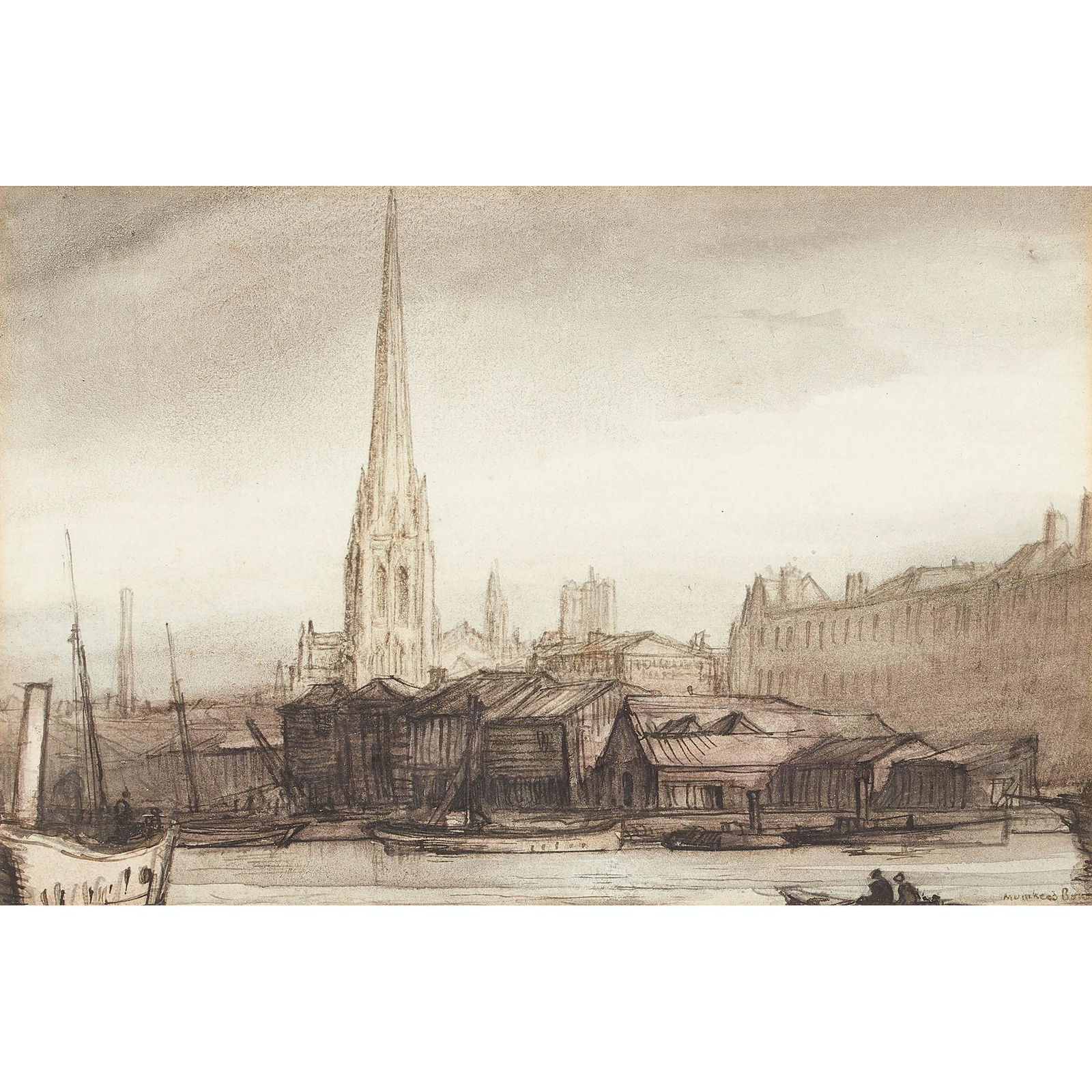 § SIR MUIRHEAD BONE H.R.S.A., H.R.W.S., H.A.R.I.B.A.,: Signed, pen and ink and watercolour (Dimensions: 14cm x 21cm (5.5in x 8.25in))(14cm x 21cm (5.5in x 8.25in))