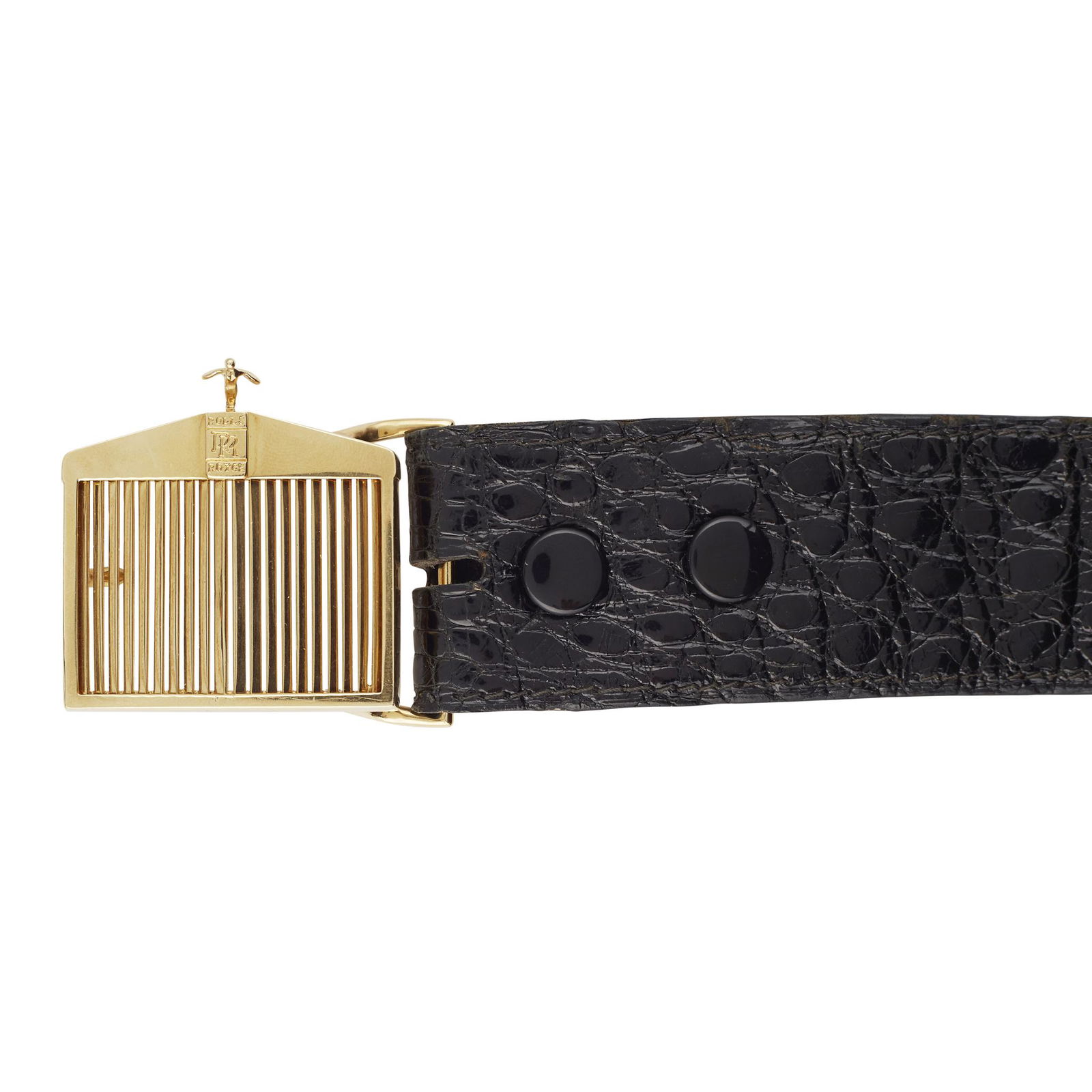 A gentleman's Rolls Royce leather belt, Gucci: the leather belt with a black crocodile style finish, signed Gucci, the yellow metal clasp modelled as a Rolls Royce radiator, stamped 18K (Dimensions: Length: 111cm, buckle weight: 50.6g)(Length: 111