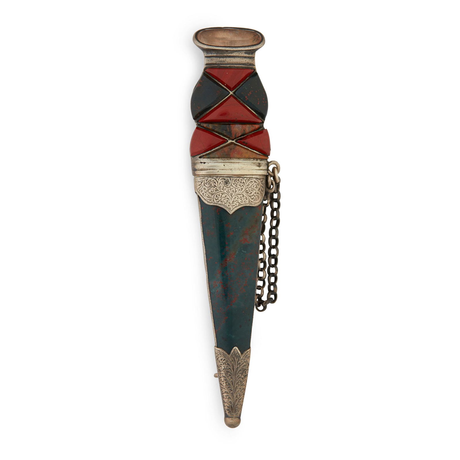 A VICTORIAN AGATE SET SGIAN DUBH KILT PIN 19TH CENTURY: A VICTORIAN AGATE SET SGIAN DUBH KILT PIN 19TH CENTURY unmarked, formed as a sgian dubh fully set with agates and hard stone, the handle pulls out to reveal a silver blade (10.5cmlong)