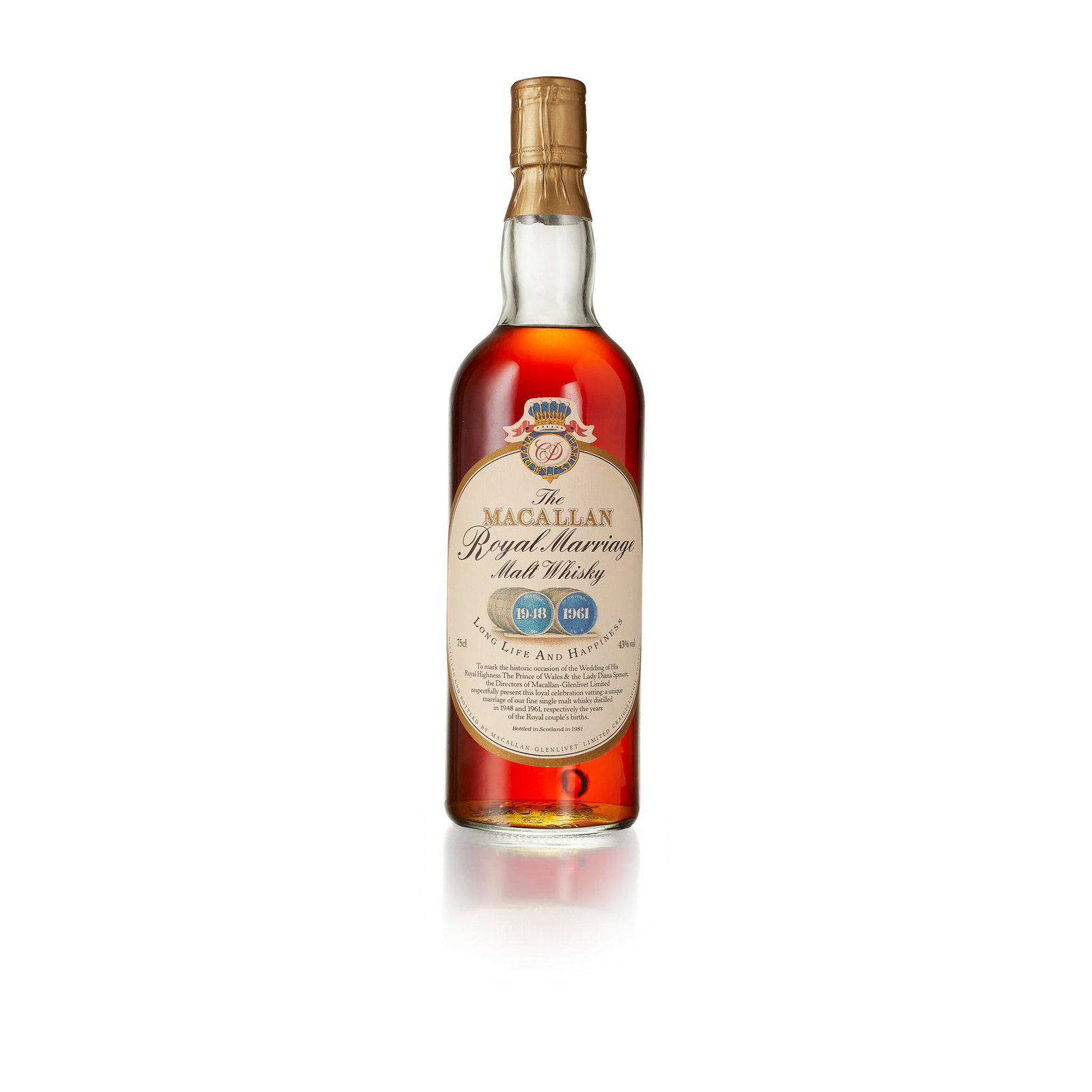 THE MACALLAN ROYAL MARRIAGE MALT 1948/1961 bottled in: THE MACALLAN ROYAL MARRIAGE MALT 1948/1961 bottled in 1981 to celebrate the wedding of The Prince of Wales and Lady Diana Spencer (75cl/ 43%)