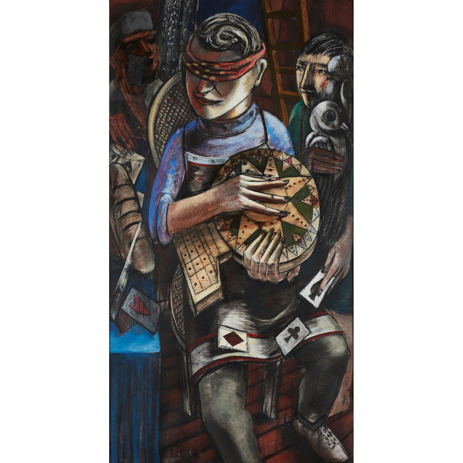 § DERRICK GUILD R.S.A. (SCOTTISH B.1963) BLINDFOLD: Mixed media on dark paper (Dimensions: 143.5cm x 78cm (56.5in x 30.75in))(143.5cm x 78cm (56.5in x 30.75in))