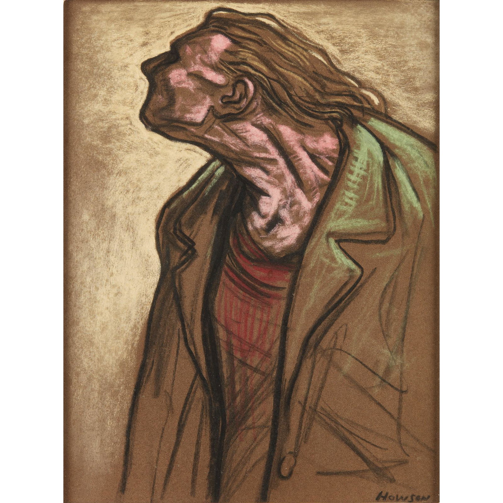 § PETER HOWSON O.B.E. (SCOTTISH B.1958) DOSSER: Signed (lower right), pastel on brown paper (Dimensions: 31cm x 23cm (12.25in x 9in))(31cm x 23cm (12.25in x 9in))Footnote: Provenance: Ewan Mundy Fine Art, Glasgow.