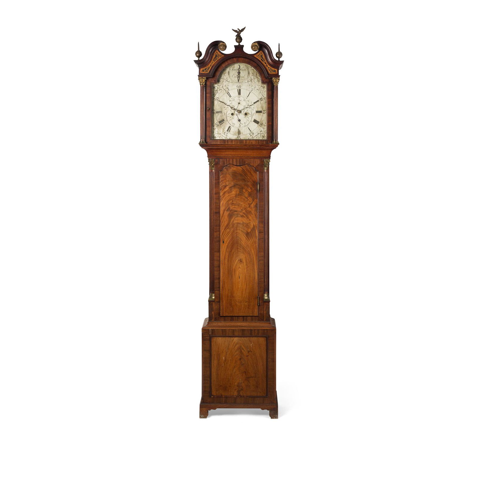 SCOTTISH GEORGE III MAHOGANY LONGCASE CLOCK, BY JAMES: the arched silvered dial with Roman and Arabic numerals, and subsidiary dials for seconds, date, and Strike/Silent, inscribed in the arch JAMES SMITH EDINBURGH, the hood with swan-neck pediment and fr