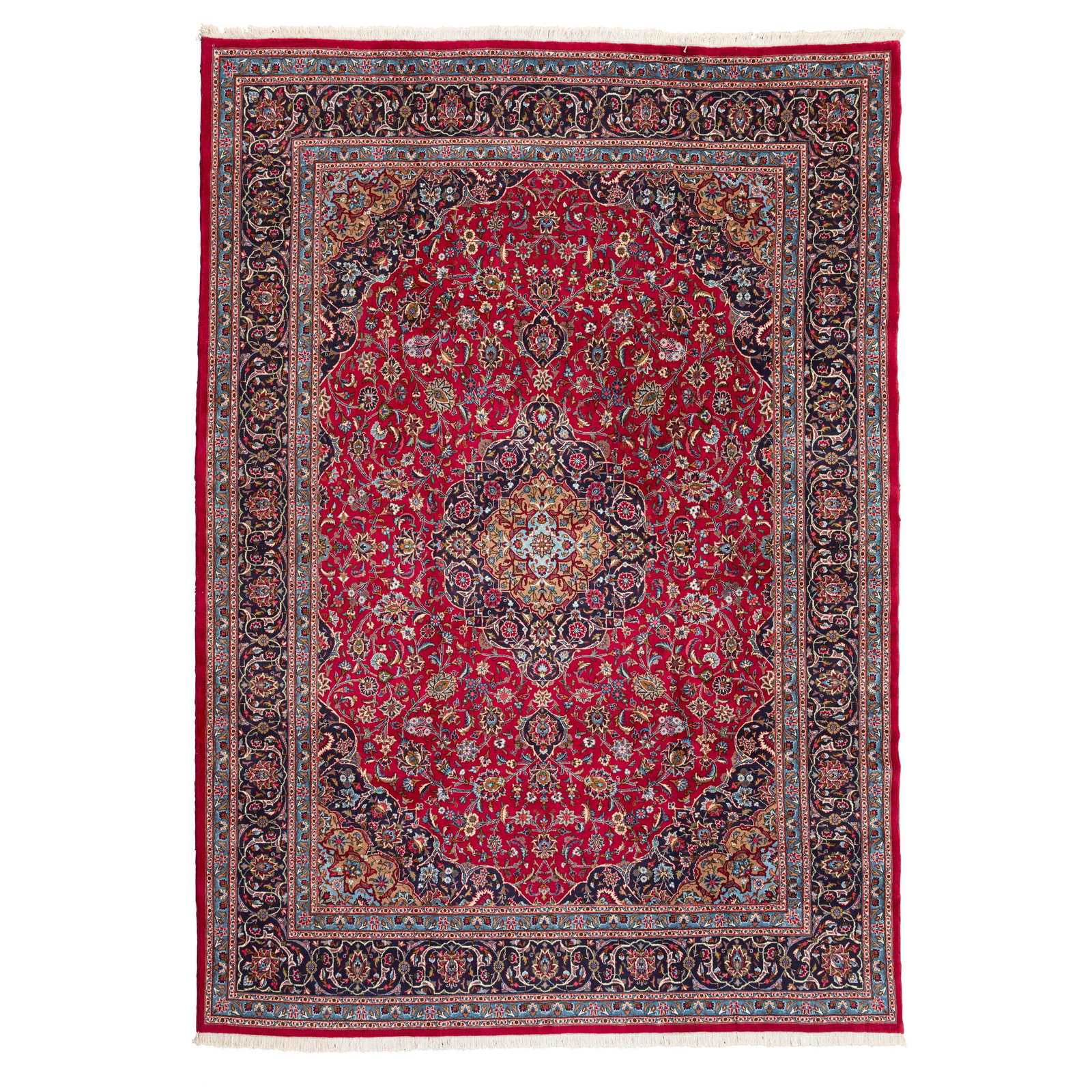 KASHAN CARPET CENTRAL PERSIA, LATE 20TH CENTURY: the raspberry field with indigo, brown and blue medallion, similar spandrels, within an indigo palmette and arabesque vine border (Dimensions: 392 x 297cm) (392 x 297cm)