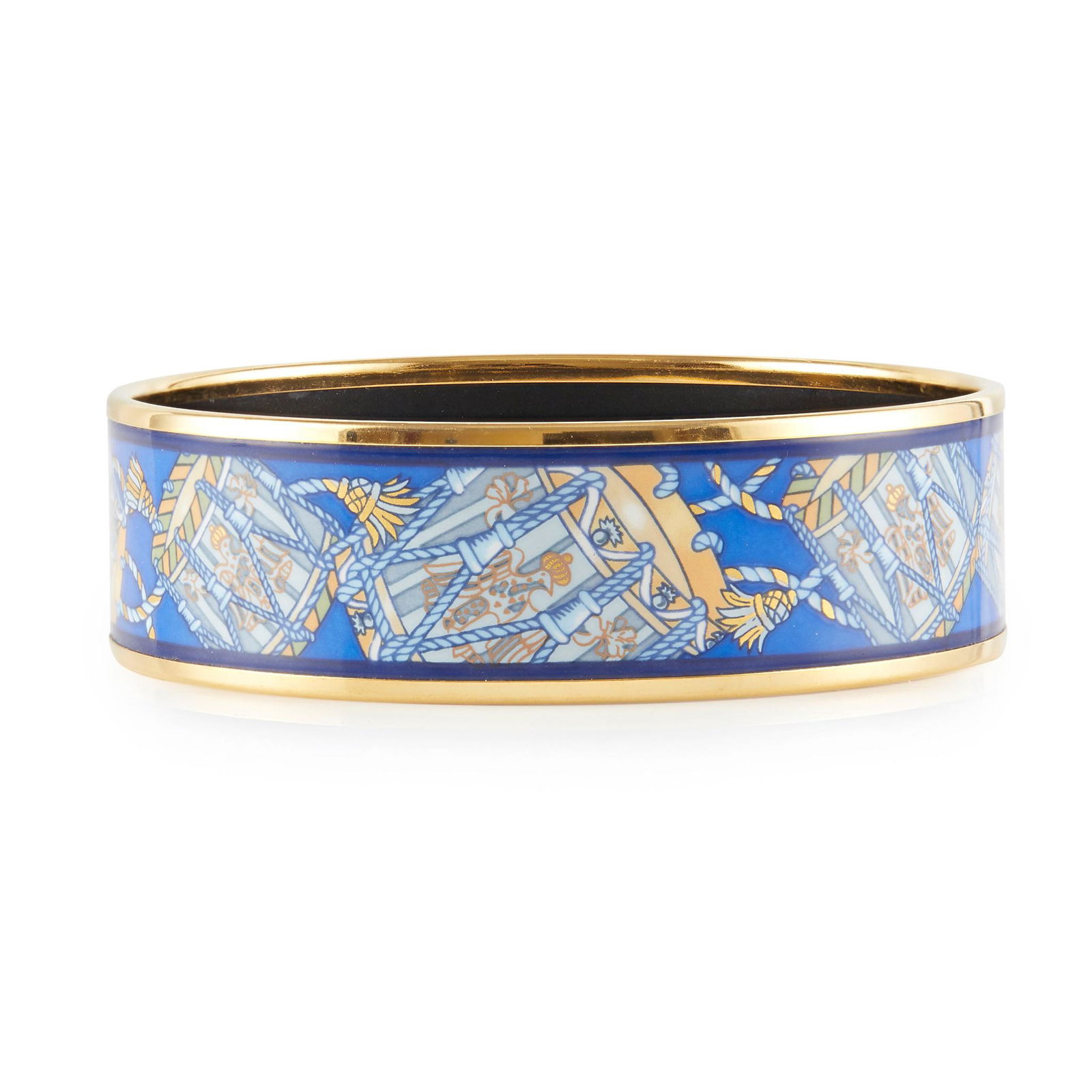 An enamelled bangle, HermÃ¨s: blue enamelled detail with drum motifs, singed HermÃ¨s Paris to interior (Dimensions: Internal diameter: 65mm)(Internal diameter: 65mm)