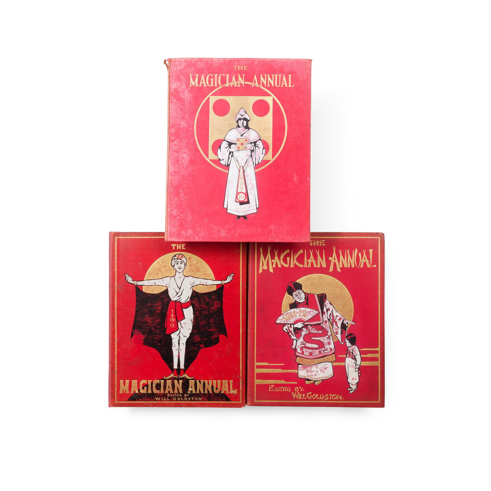 Magician Annual, The Compiled and edited by Will: London: A.W. Gamage, 1907-1912, 5 volumes, 4to, illus., all original red cloth gilt, one spine faded and rubbed at ends, one rebacked retaining original spine, most slightly marked or stained , first 