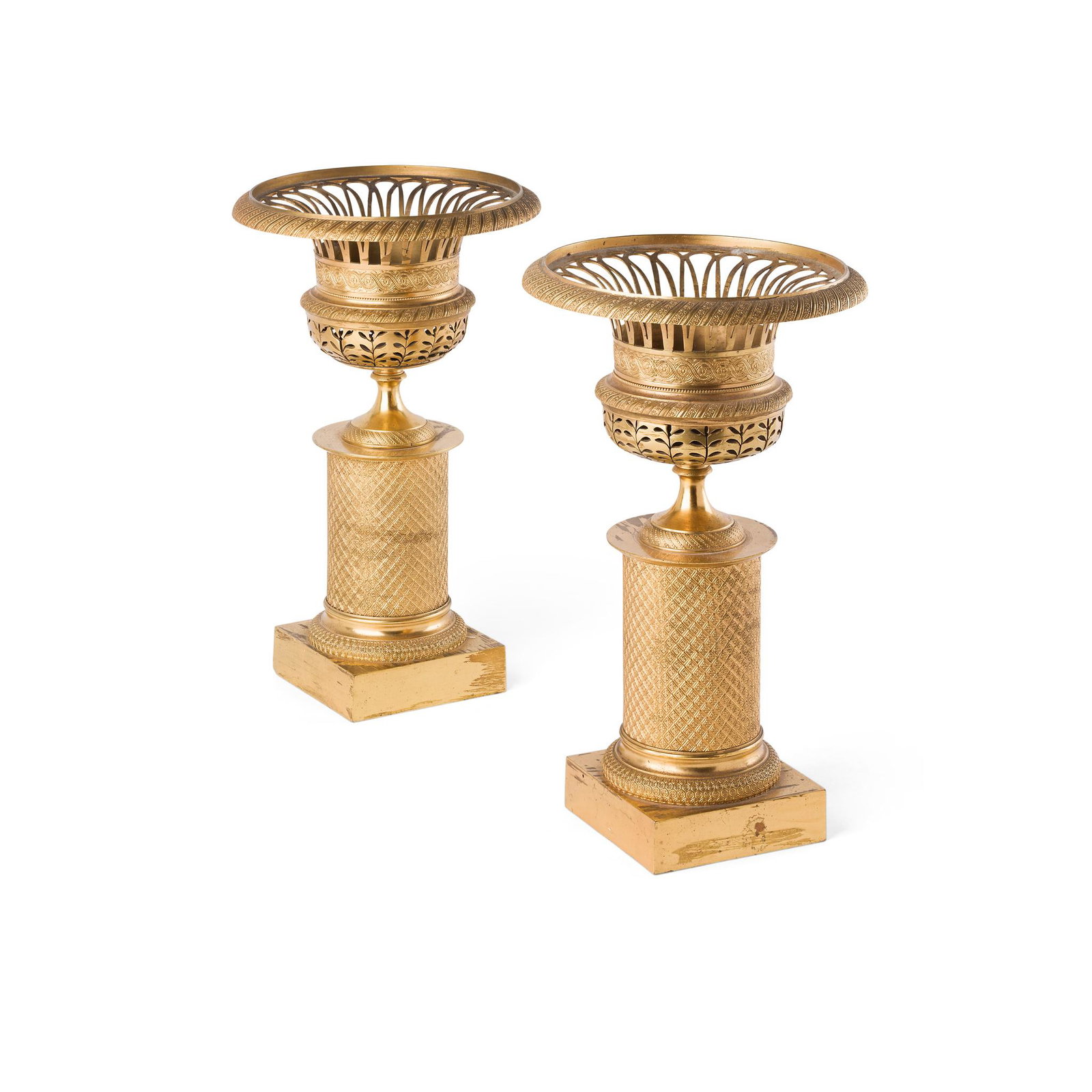 PAIR OF FRENCH EMPIRE GILT BRONZE BRULE PARFUMS EARLY: with everted pierced rims, on square plinth bases (Dimensions: 27cm high) (Qty: 2) (27cm high) Qty: (2)