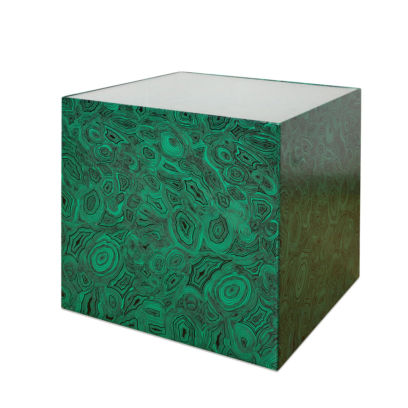 Piero Fornasetti (Italian 1913-1988) 'Malachite Cube': Piero Fornasetti (Italian 1913-1988) 'Malachite Cube' Side Table, 1950s hand-coloured transfer printed on metal, inset glass top (50cm high, 50cm wide, 50cm deep (19.5in high, 19.5in wide, 19.5in deep