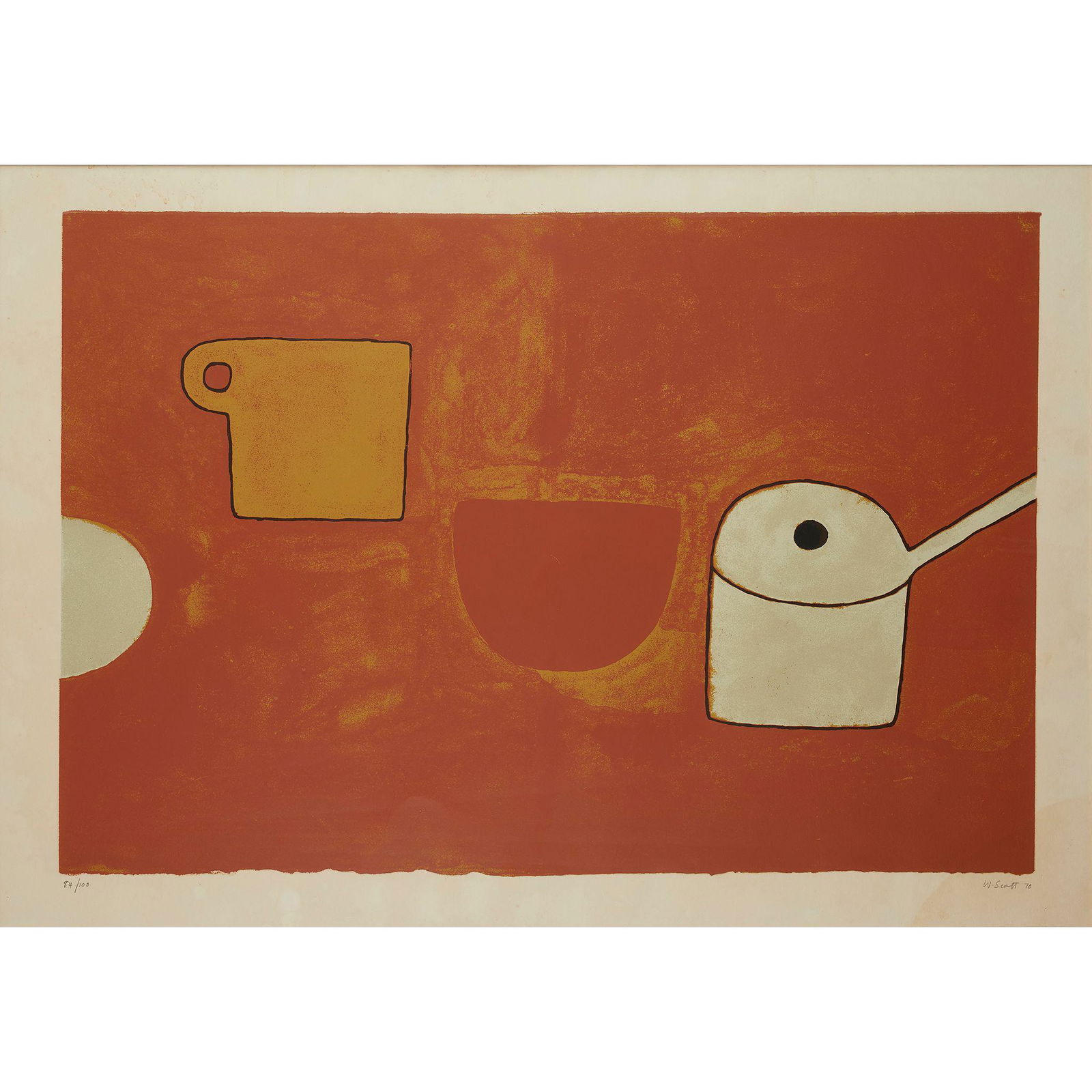 Â§ William Scott C.B.E., R.A. (British 1913-1989) Cup,: Â§ William Scott C.B.E., R.A. (British 1913-1989) Cup, Bowl, Pan, Reds and Ochres, 1970 84/100, signed, dated and numbered (in pencil to margin), screenprint (59cm x 88cm (23.25in x 34.5in) (plate),